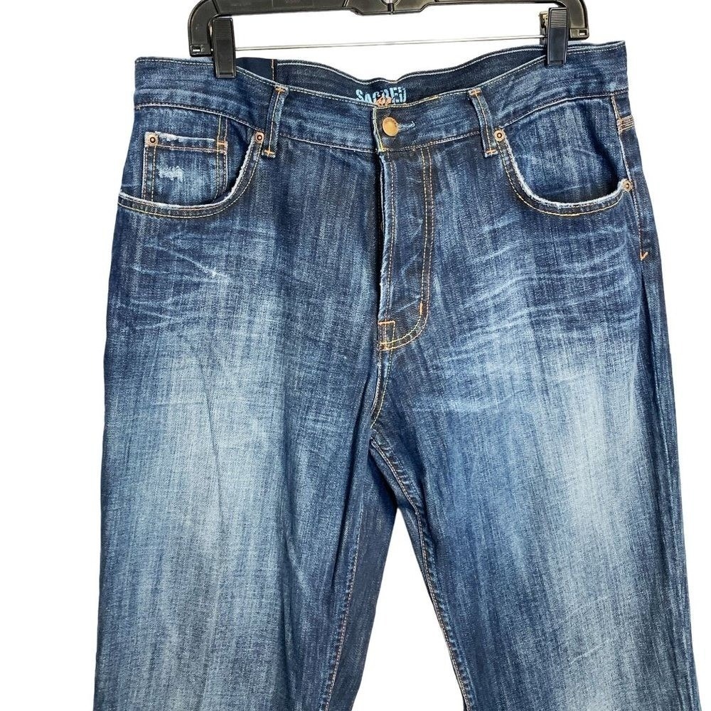 Sacred Blue Men's‎ Button Fly Distressed Straight Leg Denim Jeans Sz 36 Grunge - Picture 7 of 7
